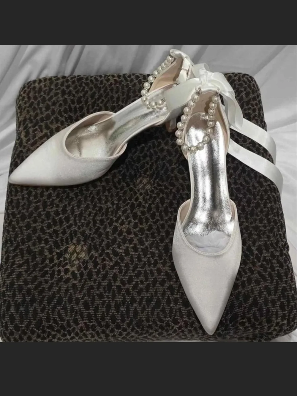 Elegant White Satin Pointed-Toe Heels with Pearl Ankle Strap